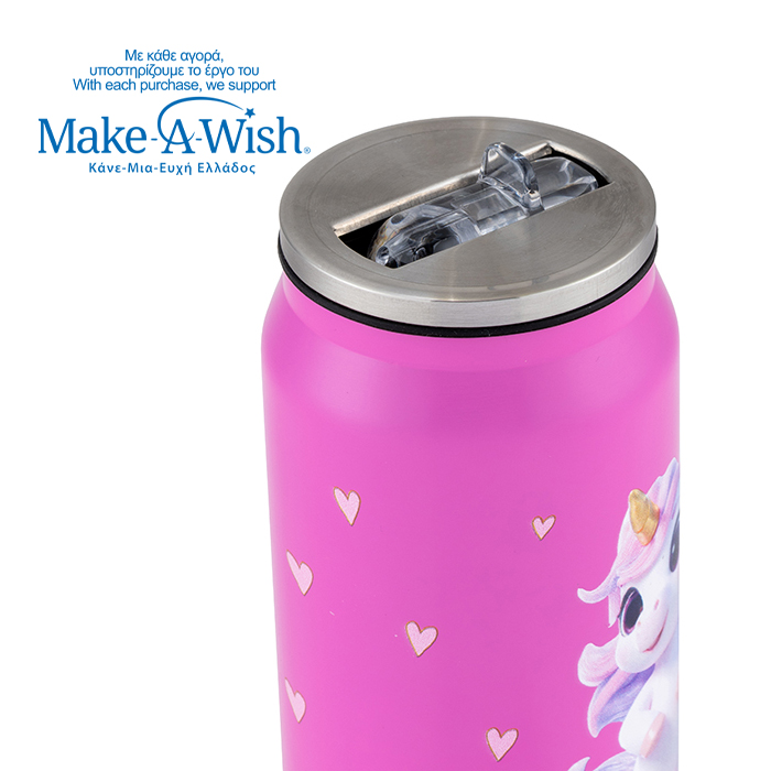 Θερμός ποτήρι με καλαμάκι από σιλικόνη "We Care", Pink Unicorn 500ml