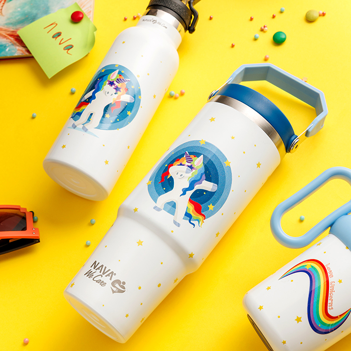 Θερμός tumbler ανοξείδωτο με καλαμάκι "We Care", White Unicorn 900ml