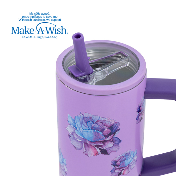 Θερμός tumbler ανοξείδωτο με πλαστικό καλαμάκι "We Care", Purple Floral 900ml