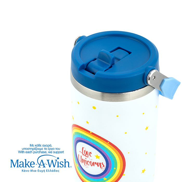 Θερμός tumbler ανοξείδωτο με καλαμάκι "We Care", White Unicorn 900ml