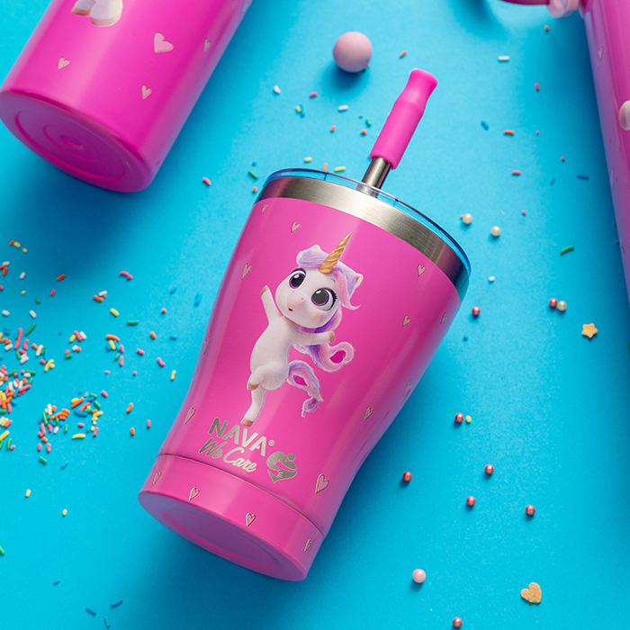 Θερμός ποτήρι με ανοξείδωτο καλαμάκι "We Care" Pink Unicorn 400ml