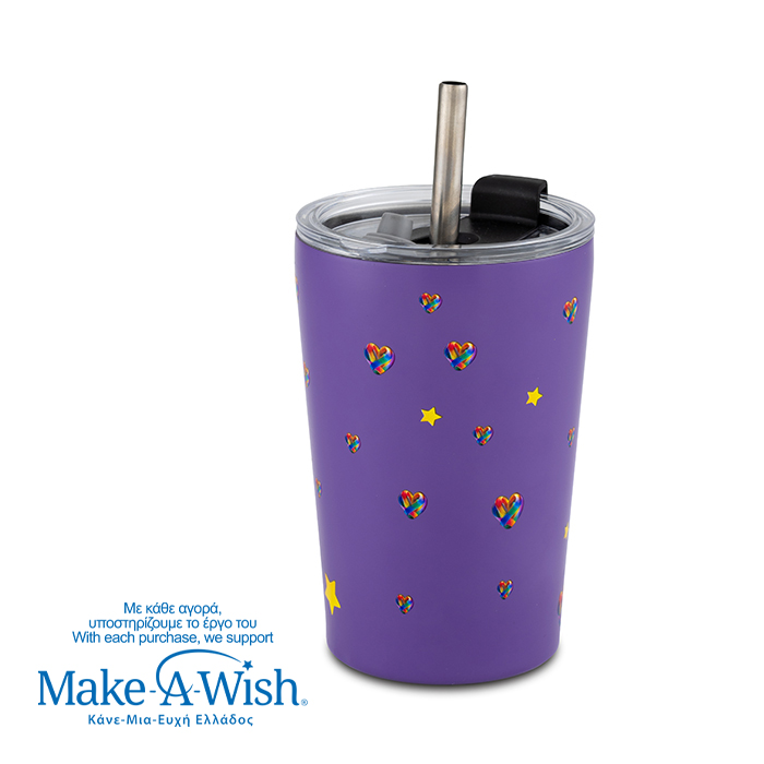 Θερμός ποτήρι με ανοξείδωτο καλαμάκι "We Care", Purple Unicorn 350ml