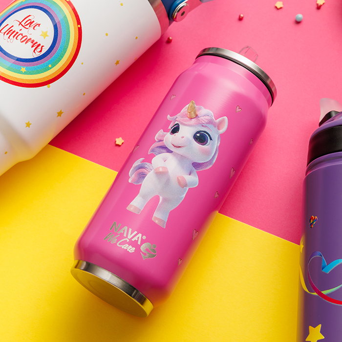 Θερμός ποτήρι με καλαμάκι από σιλικόνη "We Care", Pink Unicorn 500ml