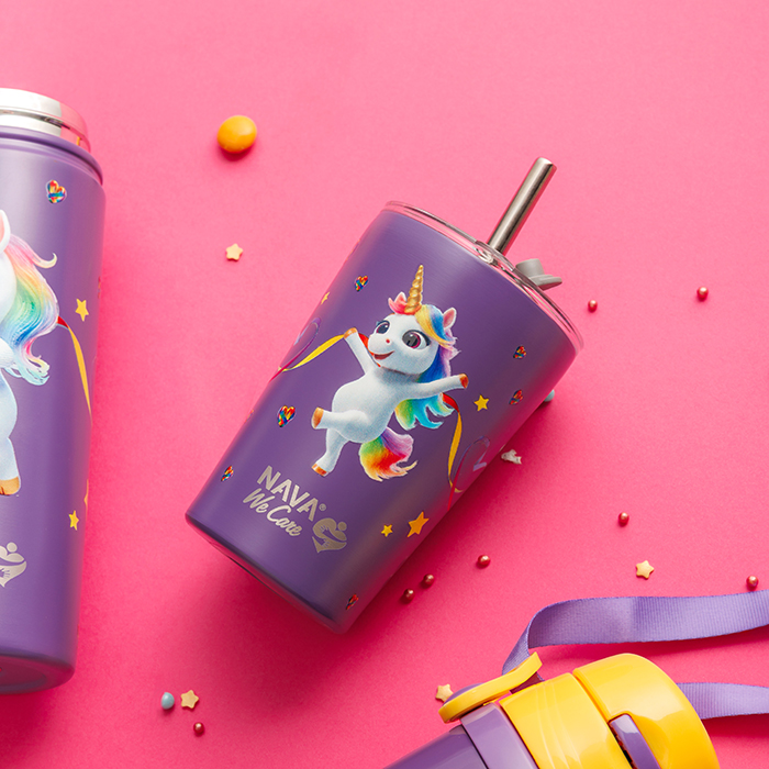 Θερμός ποτήρι με ανοξείδωτο καλαμάκι "We Care", Purple Unicorn 350ml