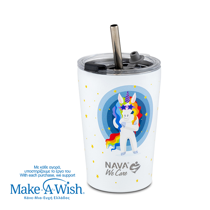 Θερμός ποτήρι με ανοξείδωτο καλαμάκι "We Care", White Unicorn 350ml