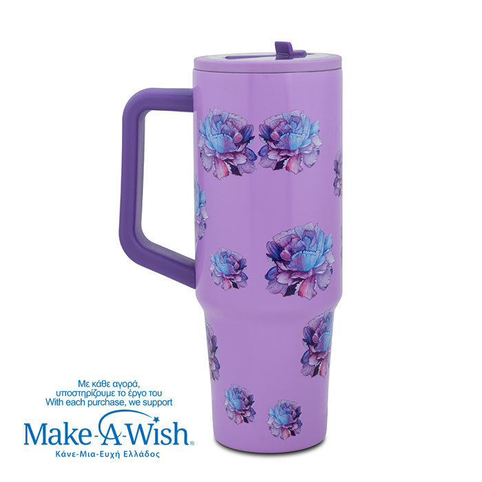 Θερμός tumbler ανοξείδωτο με πλαστικό καλαμάκι "We Care", Purple Floral 900ml