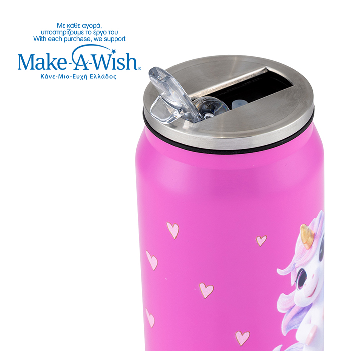 Θερμός ποτήρι με καλαμάκι από σιλικόνη "We Care", Pink Unicorn 500ml