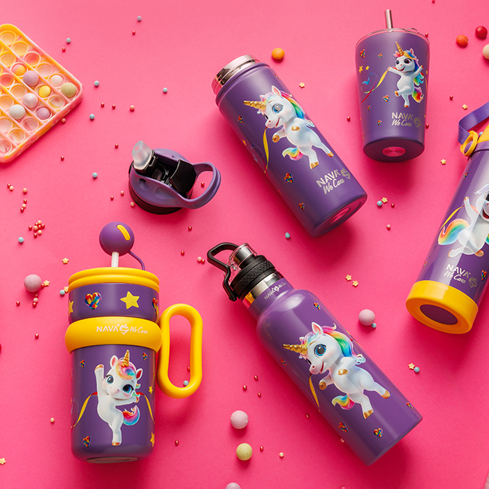 Θερμός tumbler παιδικό ανοξείδωτο με πλαστικό καλαμάκι "We Care", Purple Unicorn 540ml