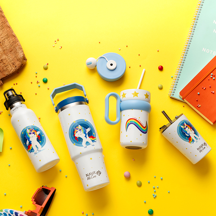 Θερμός tumbler ανοξείδωτο με καλαμάκι "We Care", White Unicorn 900ml