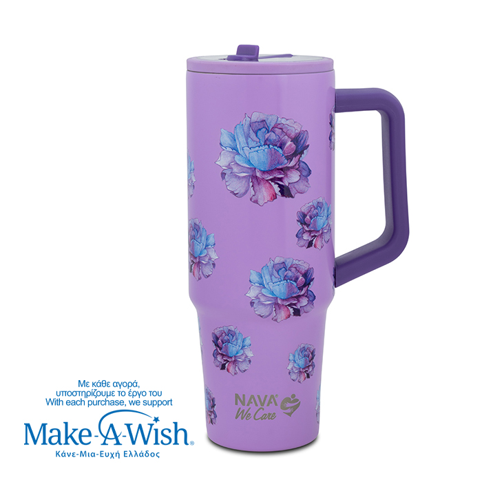 Θερμός tumbler ανοξείδωτο με πλαστικό καλαμάκι "We Care", Purple Floral 900ml