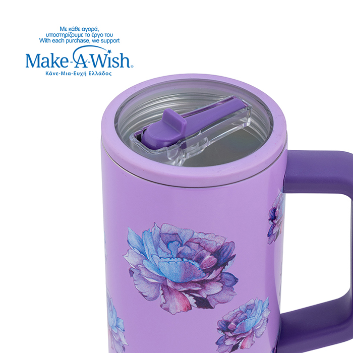 Θερμός tumbler ανοξείδωτο με πλαστικό καλαμάκι "We Care", Purple Floral 900ml
