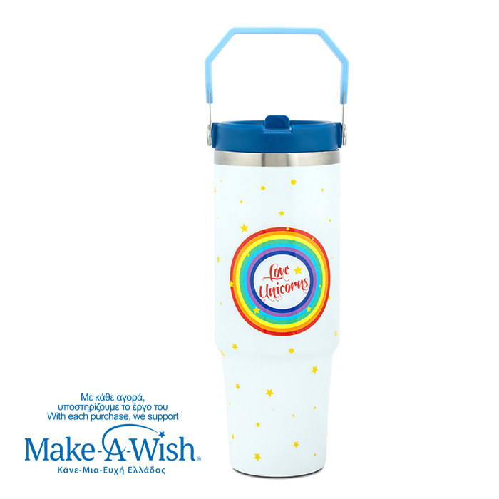 Θερμός tumbler ανοξείδωτο με καλαμάκι "We Care", White Unicorn 900ml