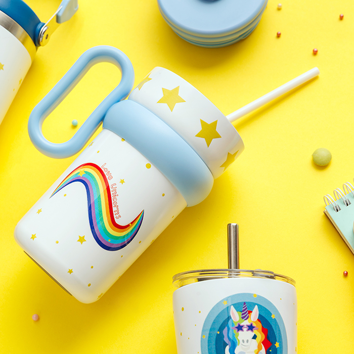 Θερμός tumbler παιδικό ανοξείδωτο με πλαστικό καλαμάκι "We Care", White Unicorn 540ml