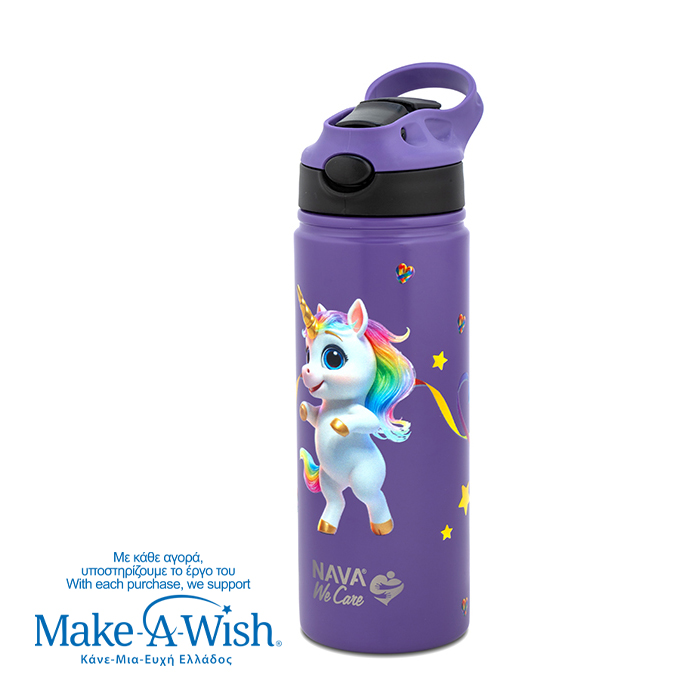 Θερμός μπουκάλι ανοξείδωτο με καλαμάκι "We Care", Purple Unicorn 500ml