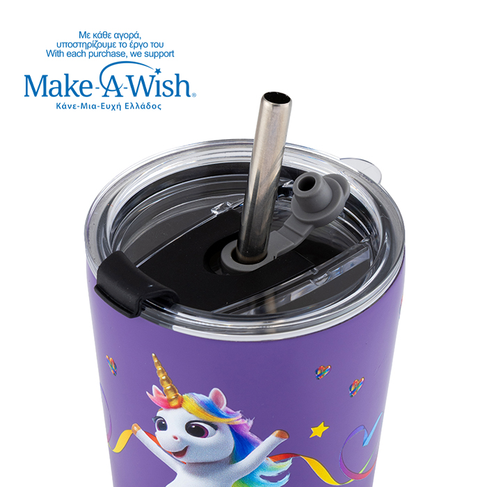 Θερμός ποτήρι με ανοξείδωτο καλαμάκι "We Care", Purple Unicorn 350ml