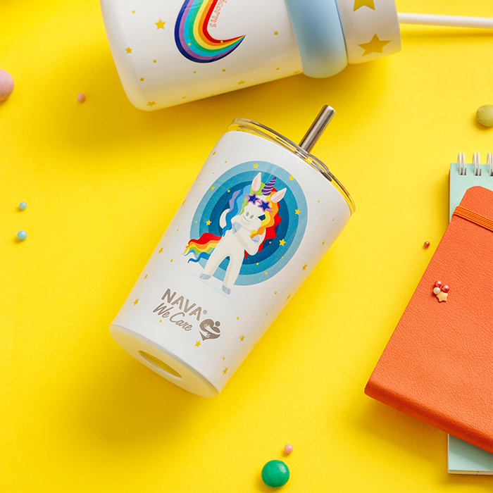 Θερμός ποτήρι με ανοξείδωτο καλαμάκι "We Care", White Unicorn 350ml
