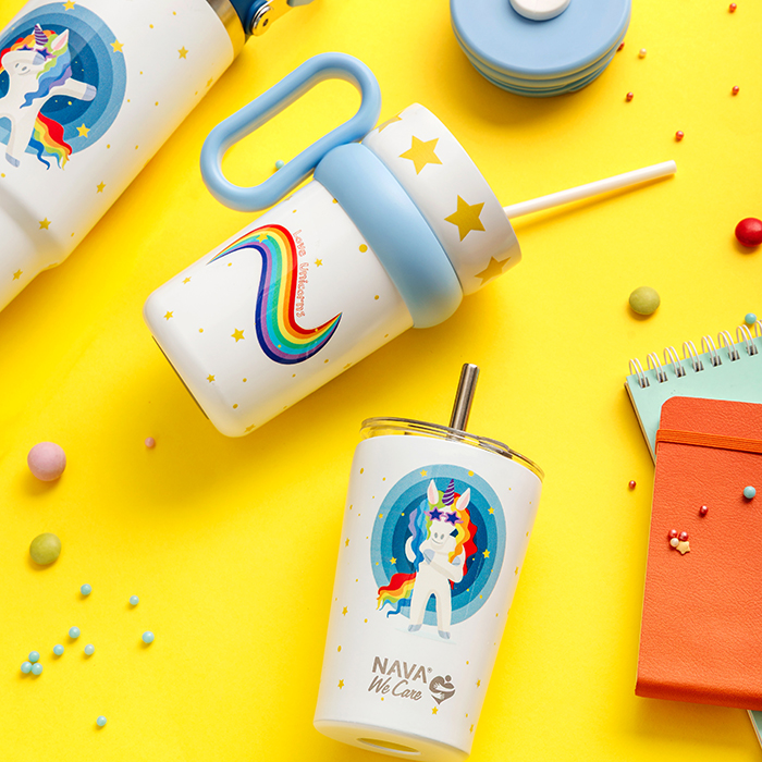 Θερμός ποτήρι με ανοξείδωτο καλαμάκι "We Care", White Unicorn 350ml