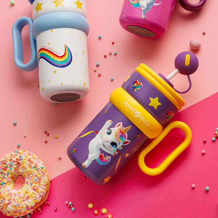 Θερμός tumbler παιδικό ανοξείδωτο με πλαστικό καλαμάκι "We Care", Purple Unicorn 540ml