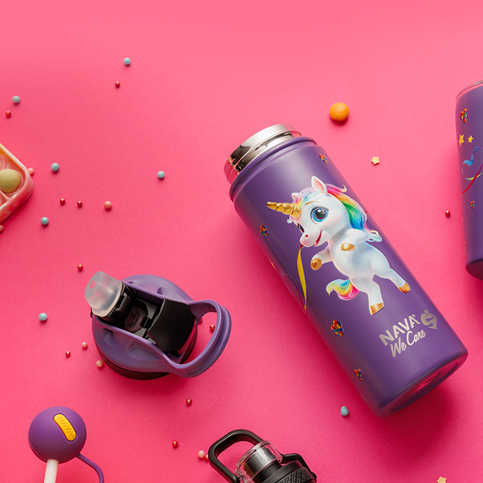 Θερμός μπουκάλι ανοξείδωτο με καλαμάκι "We Care", Purple Unicorn 500ml