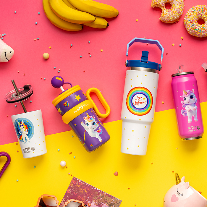 Θερμός tumbler ανοξείδωτο με καλαμάκι "We Care", White Unicorn 900ml
