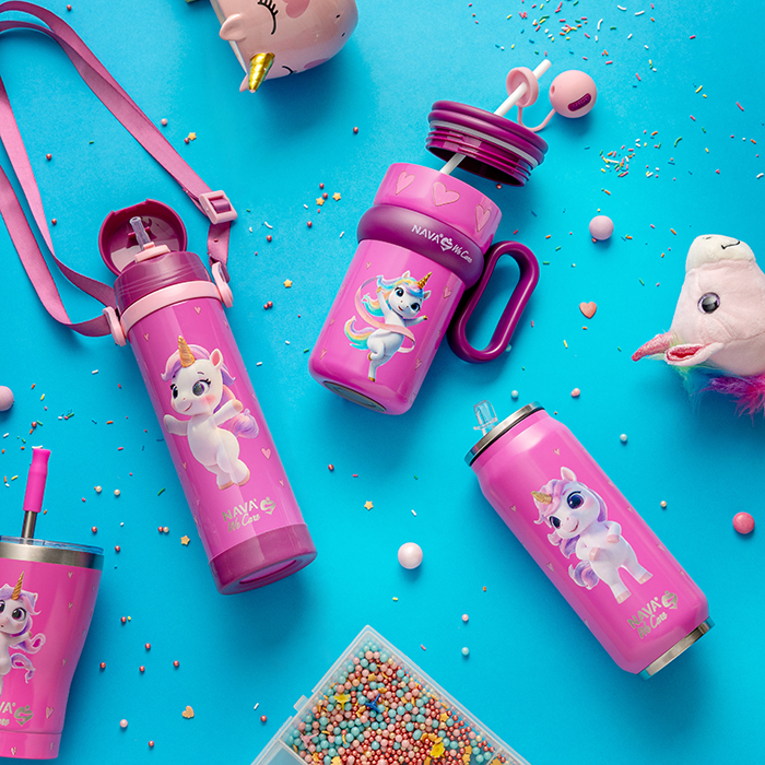 Θερμός ποτήρι με καλαμάκι από σιλικόνη "We Care", Pink Unicorn 500ml