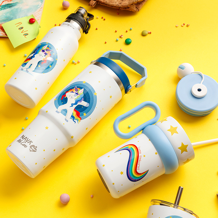 Θερμός tumbler παιδικό ανοξείδωτο με πλαστικό καλαμάκι "We Care", White Unicorn 540ml