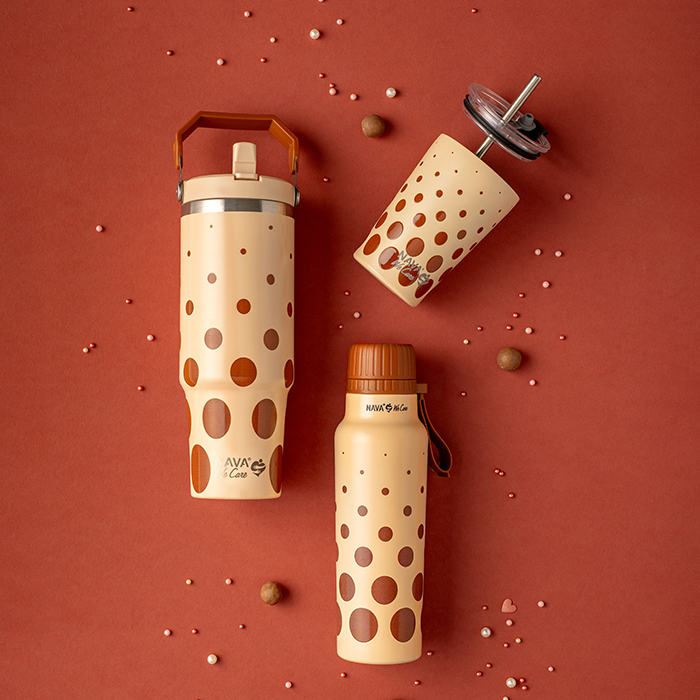 Θερμός μπουκάλι ανοξείδωτο με στόμιο "We Care", Brown Dots 500ml