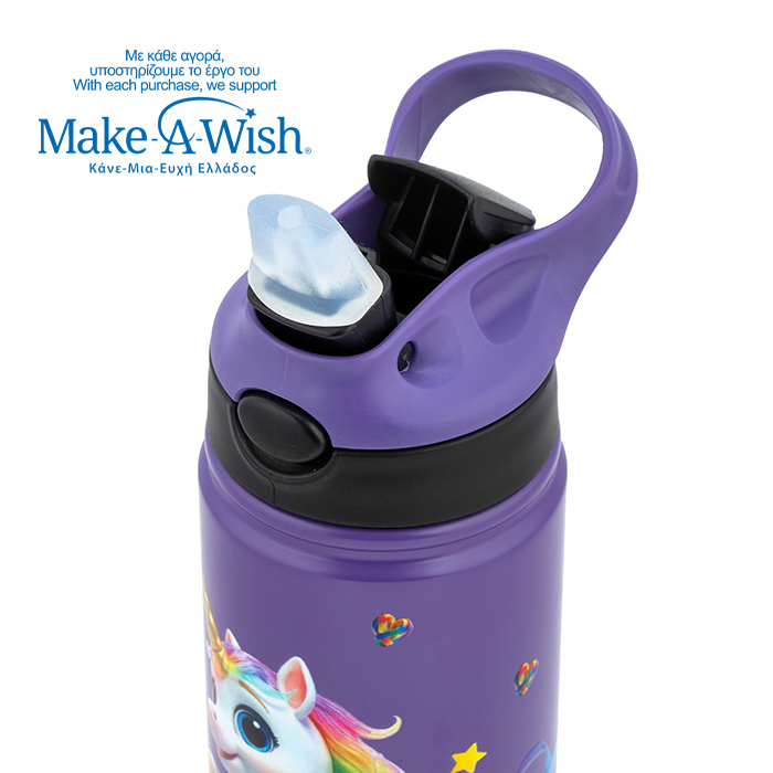 Θερμός μπουκάλι ανοξείδωτο με καλαμάκι "We Care", Purple Unicorn 500ml