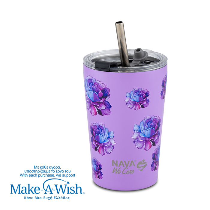 Θερμός ποτήρι με ανοξείδωτο καλαμάκι "We Care", Purple Floral 350ml