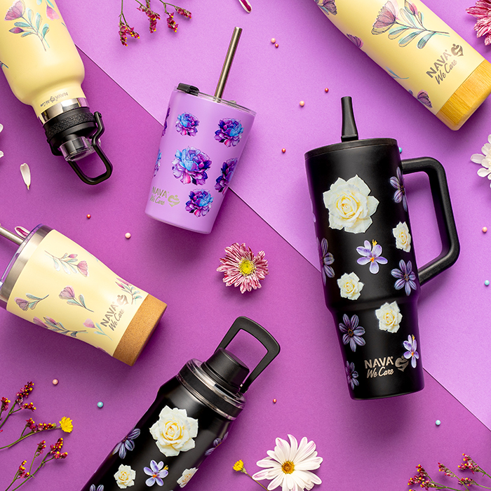 Θερμός ποτήρι με ανοξείδωτο καλαμάκι "We Care", Purple Floral 350ml