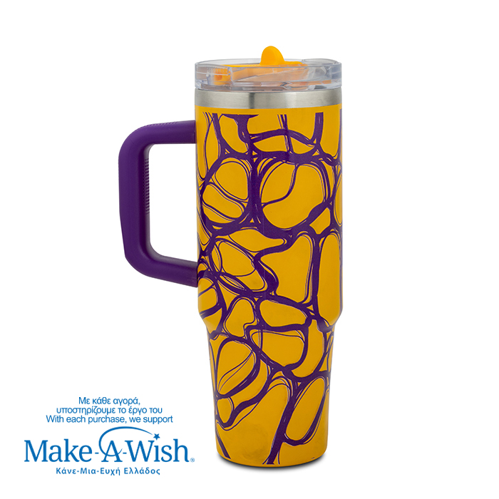 Θερμός tumbler ανοξείδωτο με καλαμάκι "We Care", Yellow Print 900ml
