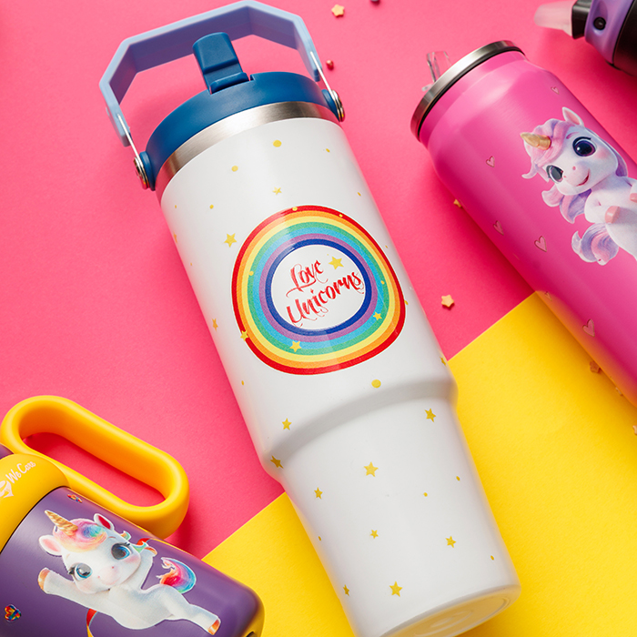 Θερμός tumbler ανοξείδωτο με καλαμάκι "We Care", White Unicorn 900ml
