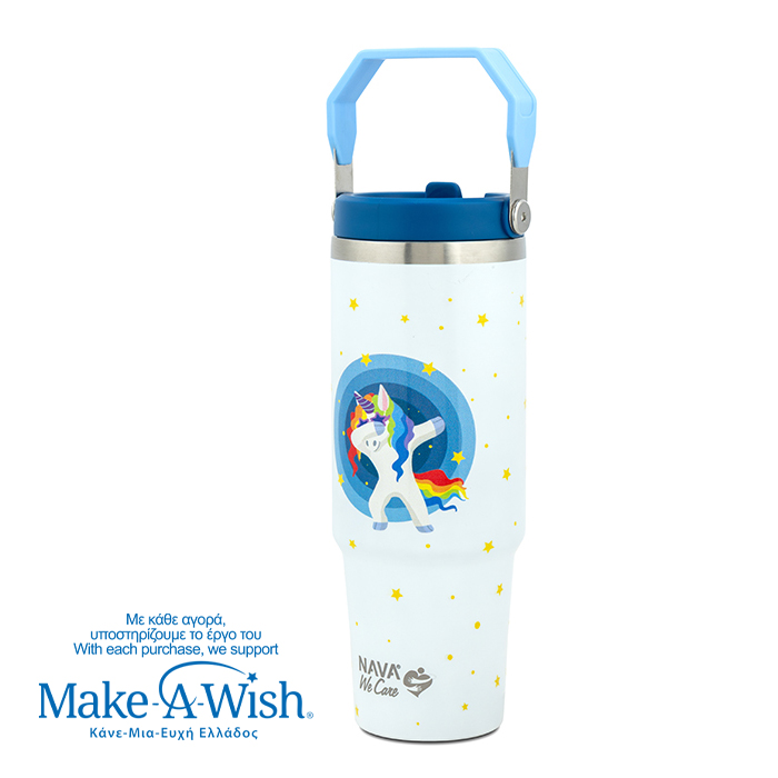 Θερμός tumbler ανοξείδωτο με καλαμάκι "We Care", White Unicorn 900ml