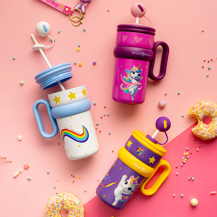 Θερμός tumbler παιδικό ανοξείδωτο με πλαστικό καλαμάκι "We Care", Pink Unicorn 540ml