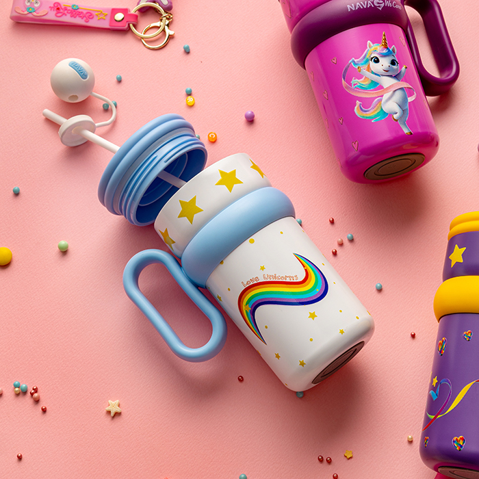 Θερμός tumbler παιδικό ανοξείδωτο με πλαστικό καλαμάκι "We Care", White Unicorn 540ml