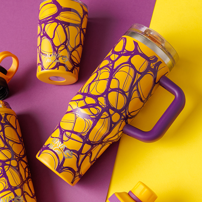 Θερμός tumbler ανοξείδωτο με καλαμάκι "We Care", Yellow Print 900ml