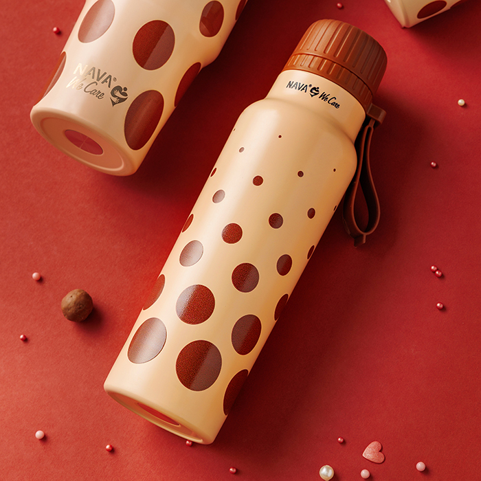 Θερμός μπουκάλι ανοξείδωτο με στόμιο "We Care", Brown Dots 500ml