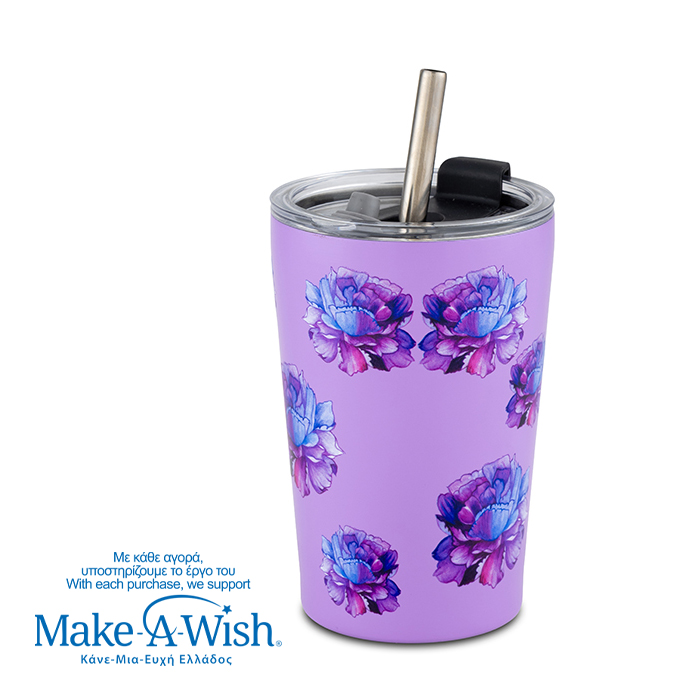 Θερμός ποτήρι με ανοξείδωτο καλαμάκι "We Care", Purple Floral 350ml