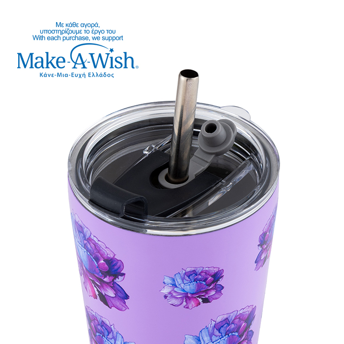 Θερμός ποτήρι με ανοξείδωτο καλαμάκι "We Care", Purple Floral 350ml