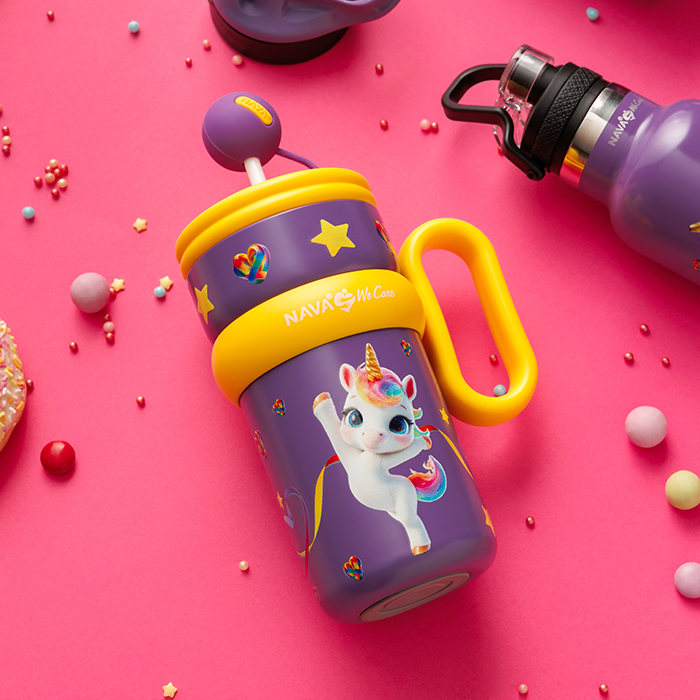 Θερμός tumbler παιδικό ανοξείδωτο με πλαστικό καλαμάκι "We Care", Purple Unicorn 540ml