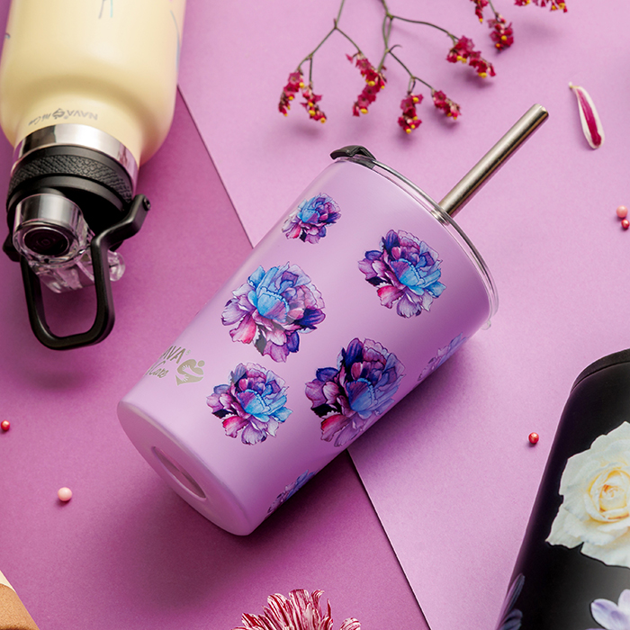 Θερμός ποτήρι με ανοξείδωτο καλαμάκι "We Care", Purple Floral 350ml