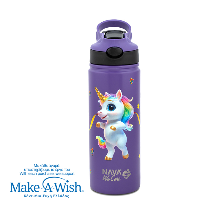 Θερμός μπουκάλι ανοξείδωτο με καλαμάκι "We Care", Purple Unicorn 500ml