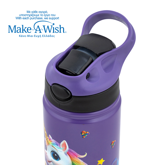 Θερμός μπουκάλι ανοξείδωτο με καλαμάκι "We Care", Purple Unicorn 500ml