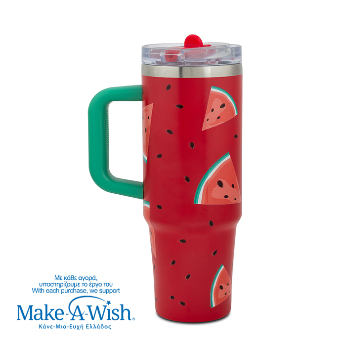 Θερμός tumbler ανοξείδωτο με καλαμάκι "We Care", Watermelon 900ml