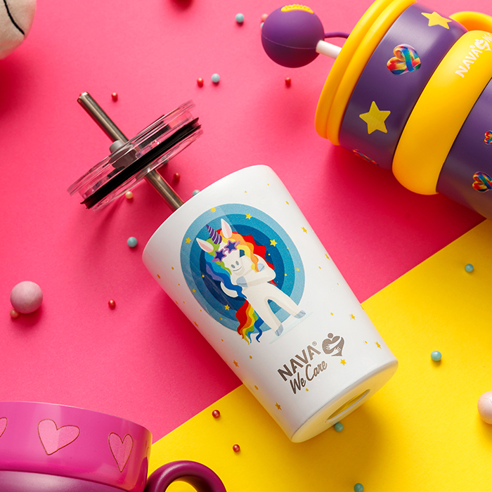 Θερμός ποτήρι με ανοξείδωτο καλαμάκι "We Care", White Unicorn 350ml