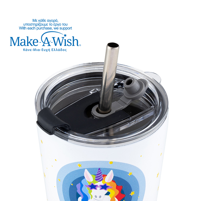 Θερμός ποτήρι με ανοξείδωτο καλαμάκι "We Care", White Unicorn 350ml