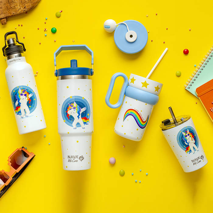 Θερμός tumbler παιδικό ανοξείδωτο με πλαστικό καλαμάκι "We Care", White Unicorn 540ml
