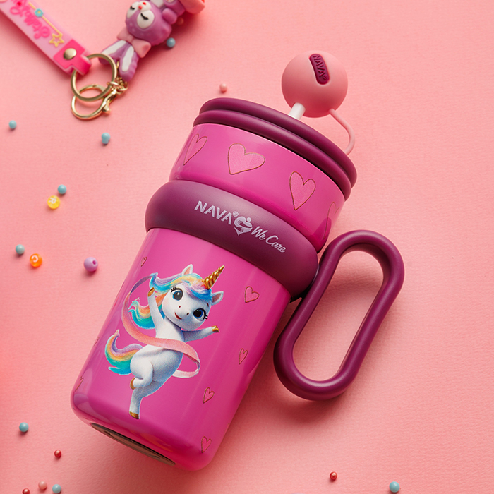 Θερμός tumbler παιδικό ανοξείδωτο με πλαστικό καλαμάκι "We Care", Pink Unicorn 540ml