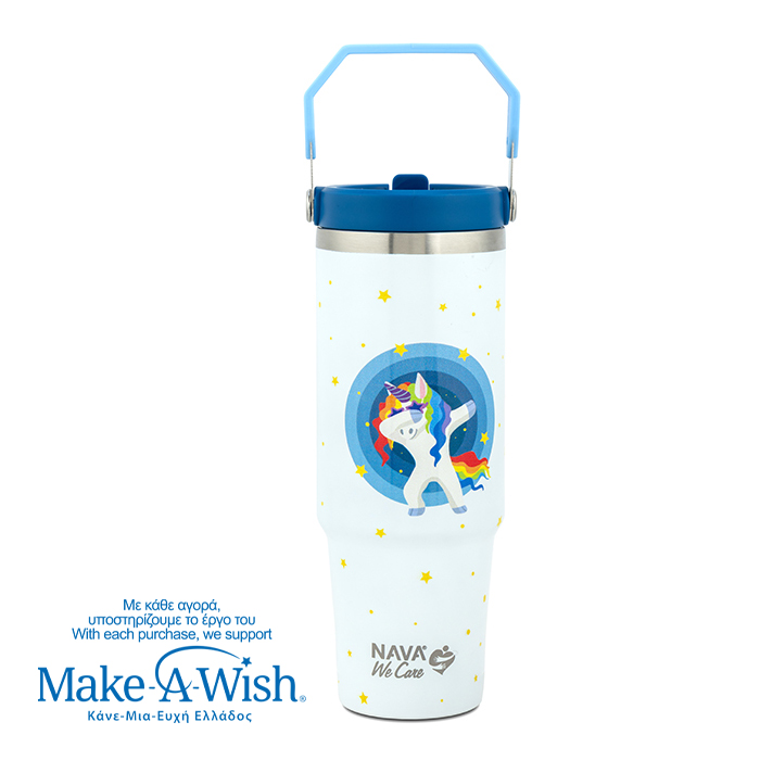 Θερμός tumbler ανοξείδωτο με καλαμάκι "We Care", White Unicorn 900ml