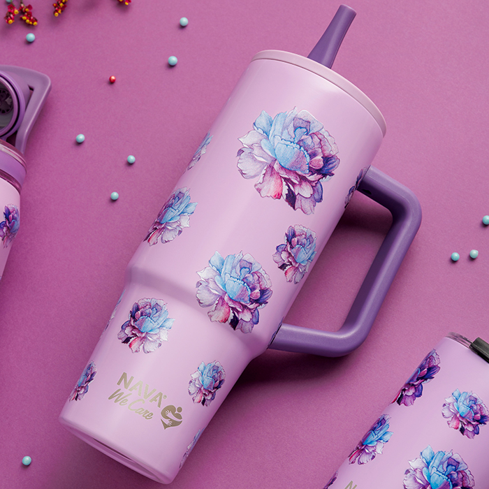 Θερμός tumbler ανοξείδωτο με πλαστικό καλαμάκι "We Care", Purple Floral 900ml